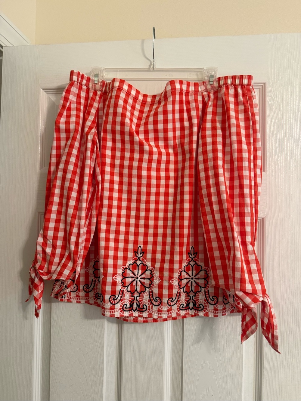 Orange and White Gingham Off-Shoulder Top with Embroidered Hem